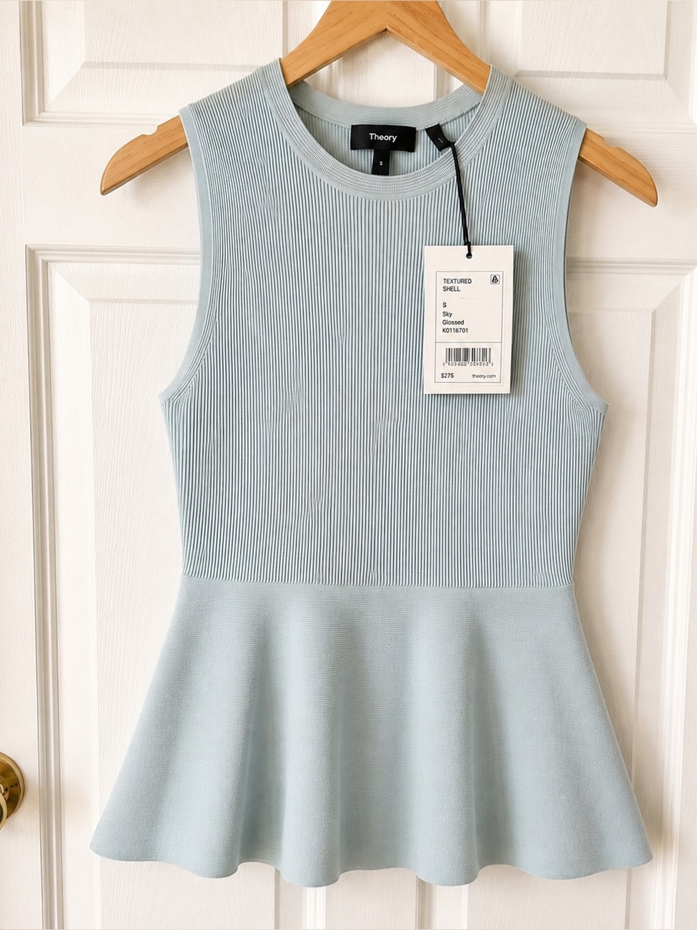 Theory NWT Textured Shell Sky Glossed Peplum Top Ribbed Knit $275